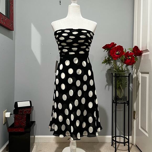NEW Ann Taylor Silk Ruched A-line Fit Flare Strapless Polka Dot Midi Dress 2 NWT - Picture 1 of 16